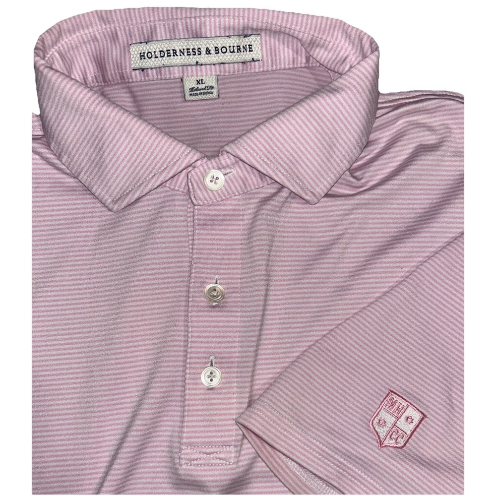 Holderness & Bourne Mens XL‎ Golf Polo Shirt  White Pink Stripe Tailored Fit